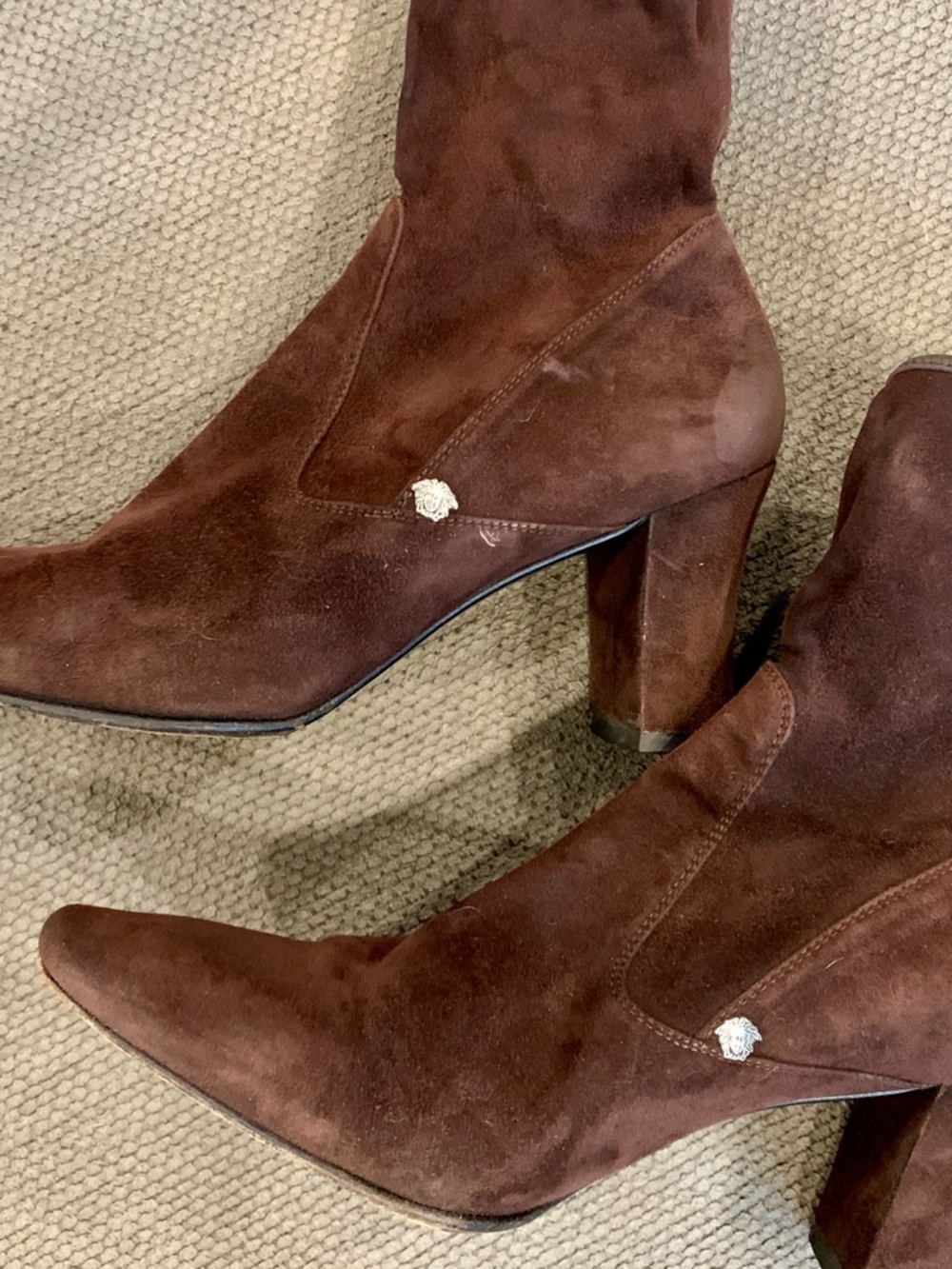 Versace Dark Brown Suede Stretch Ankle, Heeled Boots - Picture 2 of 7